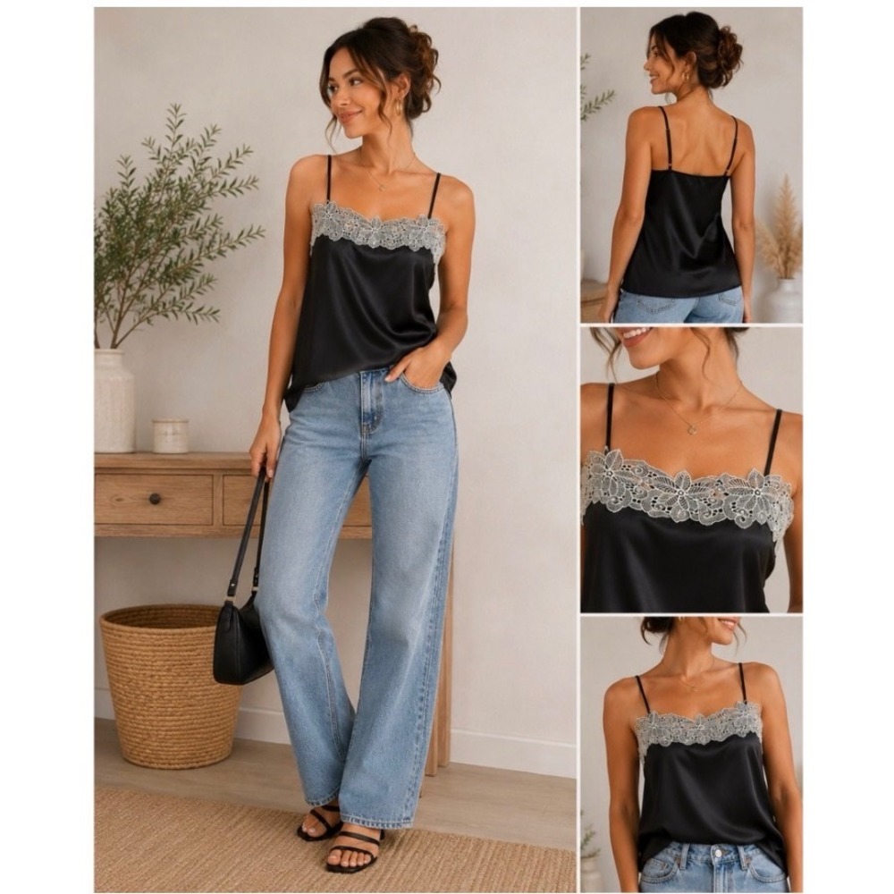 Black Satin Camisole Top with White Floral Lace Trim Size Medium Gothcore Style